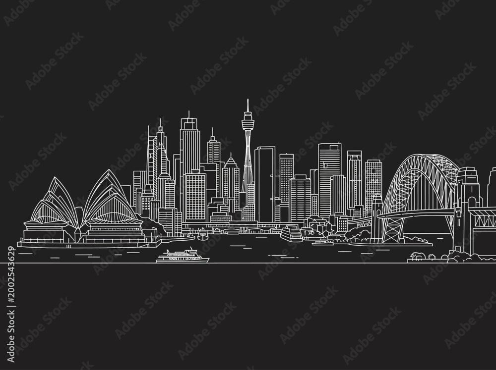 Naklejka premium Sydney Australia City Skyline Minimalist White Line Art Illustration on Black Background