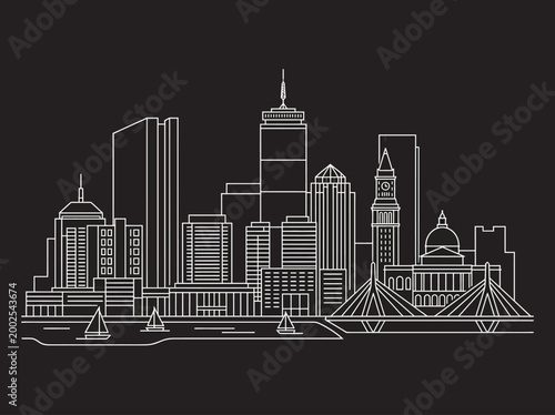 Obraz na plátně Boston Skyline Line Art Illustration with Iconic Landmarks including Prudential