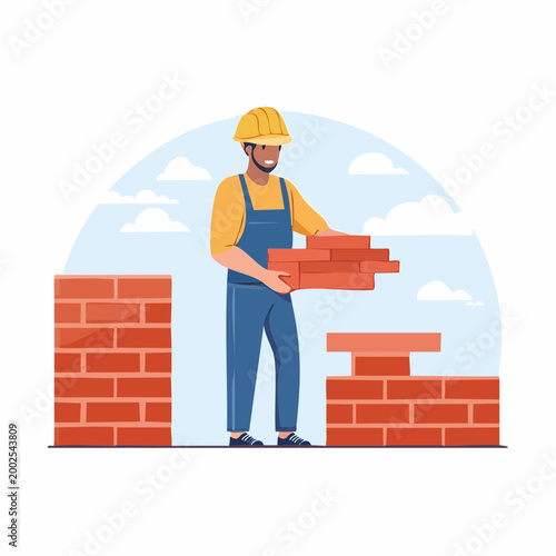 Construction worker building a brick wall