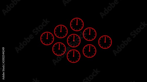 Cluster of nine red circular analog clocks arranged in a scattered pattern on a black background, each displaying the time as approximately seven o'clock with white hands and markings