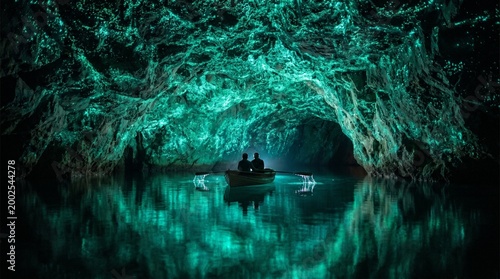 Two People Rowing a Small Boat Through a Breathtaking Bioluminescent Cave Glowing with Turquoise Light