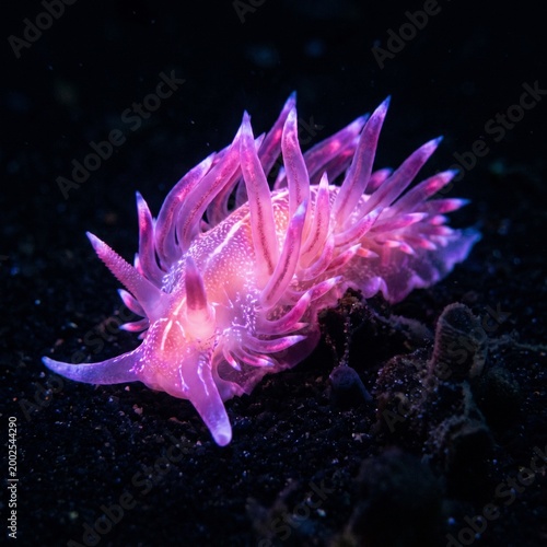 Vivid Pink and Purple Bioluminescent Nudibranch Sea Slug Crawling on Dark Ocean Floor