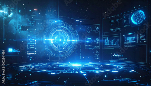 The Hologram- Faint blue UI elements floating in a dark space.