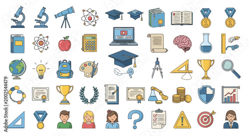 Educational and academic icons featuring graduation, books, and awards.