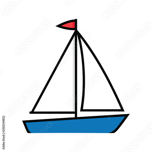 Minimalist vector illustration of a simple sailboat with blue hull and red flag.