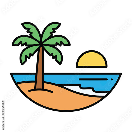 Minimalist vector illustration of a tropical beach scene with a palm tree and sunset.