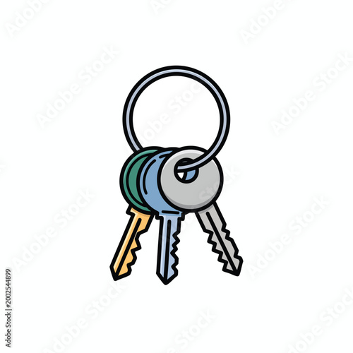 Cartoon illustration of a keyring with three colorful house keys.