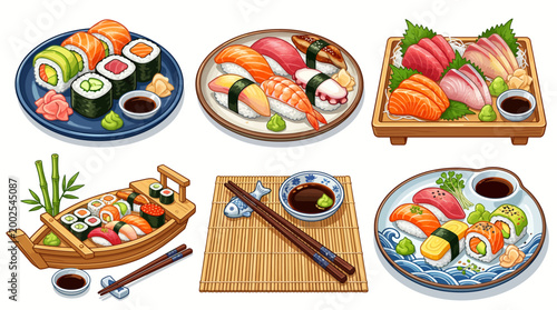 Delicious Japanese Sushi and Sashimi Set Illustration Featuring Maki Rolls, Nigiri, Salmon, Tuna, and Shrimp on Various Platters and a Traditional Sushi Boat.
