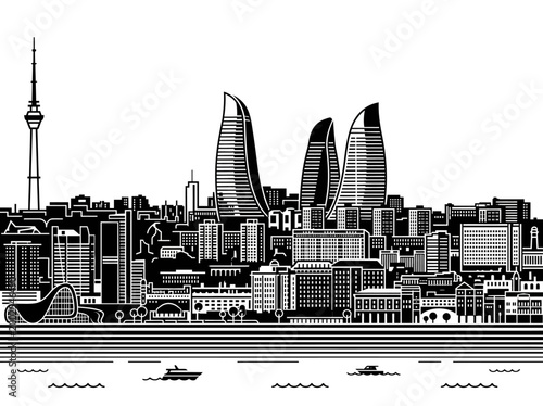 Baku Azerbaijan Cityscape Skyline Vector Illustration with Flame Towers and Caspian Sea Waterfront in Black and White Flat Style