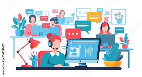 Customer service representative wearing headset working on computer.