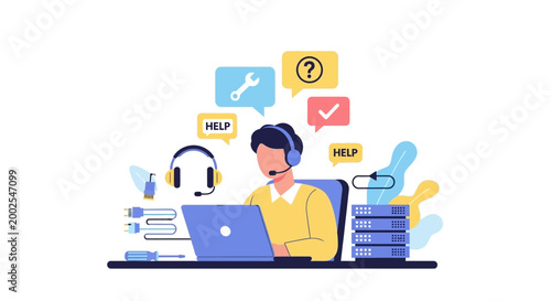 Customer service representative with headset and laptop.