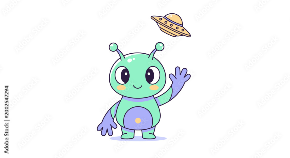 Obraz premium Cute green alien waving hello with a UFO above.