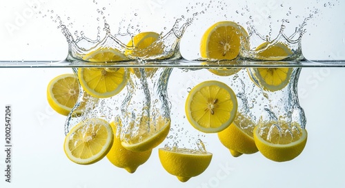 Fresh lemons, lemon slices, underwater, splash, yellow citrus fruits