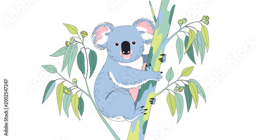 Cute cartoon koala bear clinging to eucalyptus tree branch.