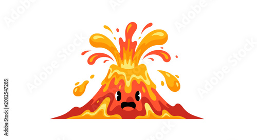 Cute Cartoon Volcano Character Erupting with Lava and Fire.