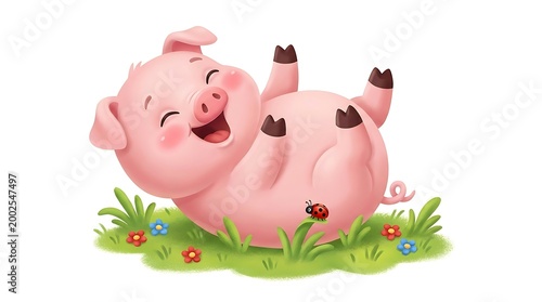Cute Happy Pig Character Laughing on Grass with Ladybug Mascot