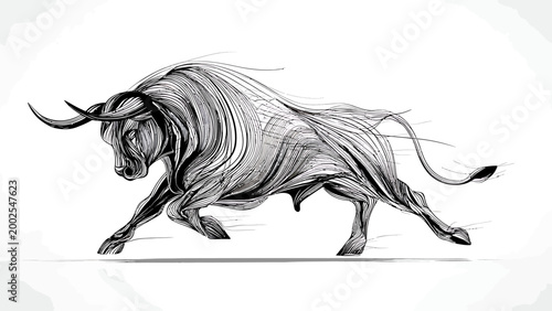 Powerful Bull illustration in dynamic motion, symbolizing strength and resilience, artistic sketch