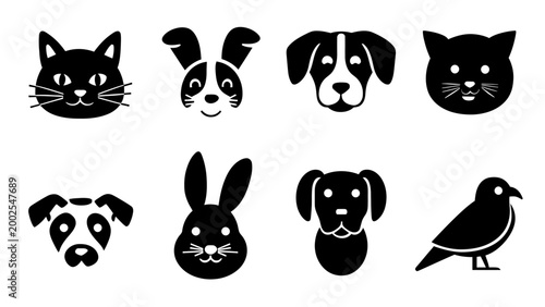 Cute Black Silhouettes of Various Pet Animal Faces Including Cats, Dogs, Rabbit, and Bird