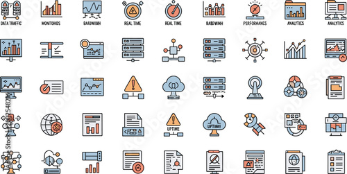 Data Analytics and Performance Monitoring Icons Set for Real-Time Analysis, Traffic Monitoring, and Uptime Tracking