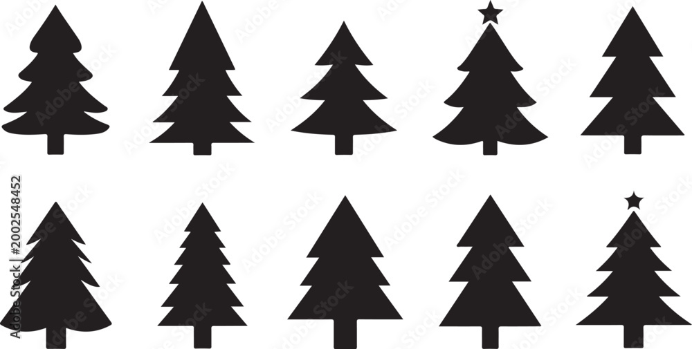Fototapeta premium Black Christmas Trees Silhouettes on White Background