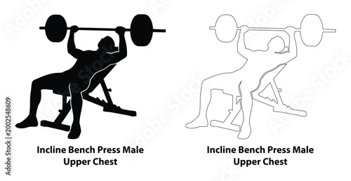 Man Black Silhouette and Outline Set Performing Incline Barbell Bench Press for Upper Chest Strength and Bodybuilding Training Illustration