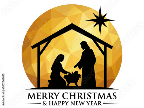 Religious Christmas Nativity Silhouette with Mary Joseph and Baby Jesus in a Manger under a Star on Gold Geometric Background for Holiday Greeting Cards