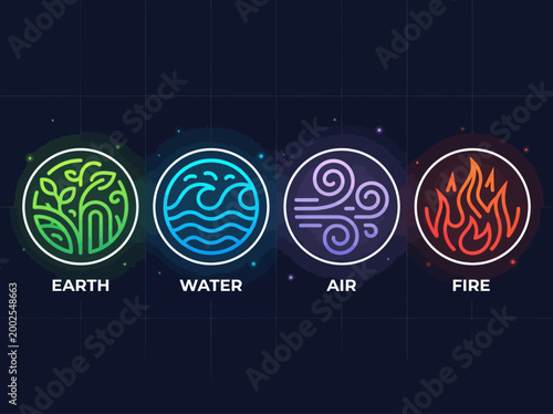 Set of Four Classical Elements Icons - Earth, Water, Air, and Fire. Minimalist Glowing Line Art Symbols on Dark Background. Nature and Energy Concept Illustration.