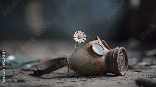 Abandoned rusted gas mask with flower urban environment low angle photography symbol of resilience