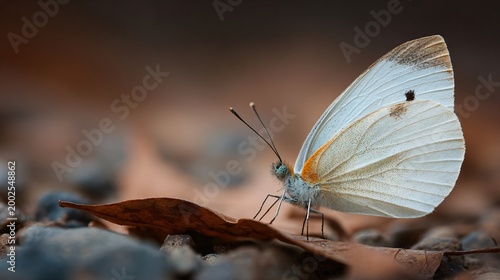Delicate white butterfly landing on a leaf nature closeup tranquil environment macro photography