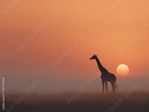 Giraffe silhouette against giant sun disk in soft haze serene landscape nature photography tranquil environment