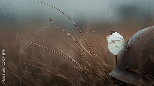 Delicate white butterfly landing on rusted artifact in nature closeup perspective serene environment