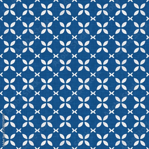 Traditional indigo and white geometric textile pattern cultural design showcase textile art indoor close-up view