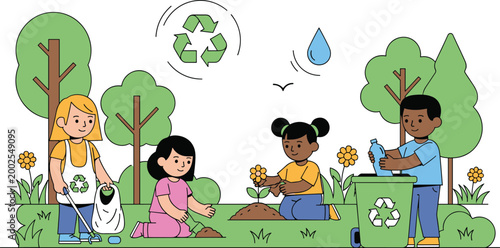 Children Gardening and Recycling Illustration Set for Environmental Protection, Tree Planting, and Eco-Friendly Practices