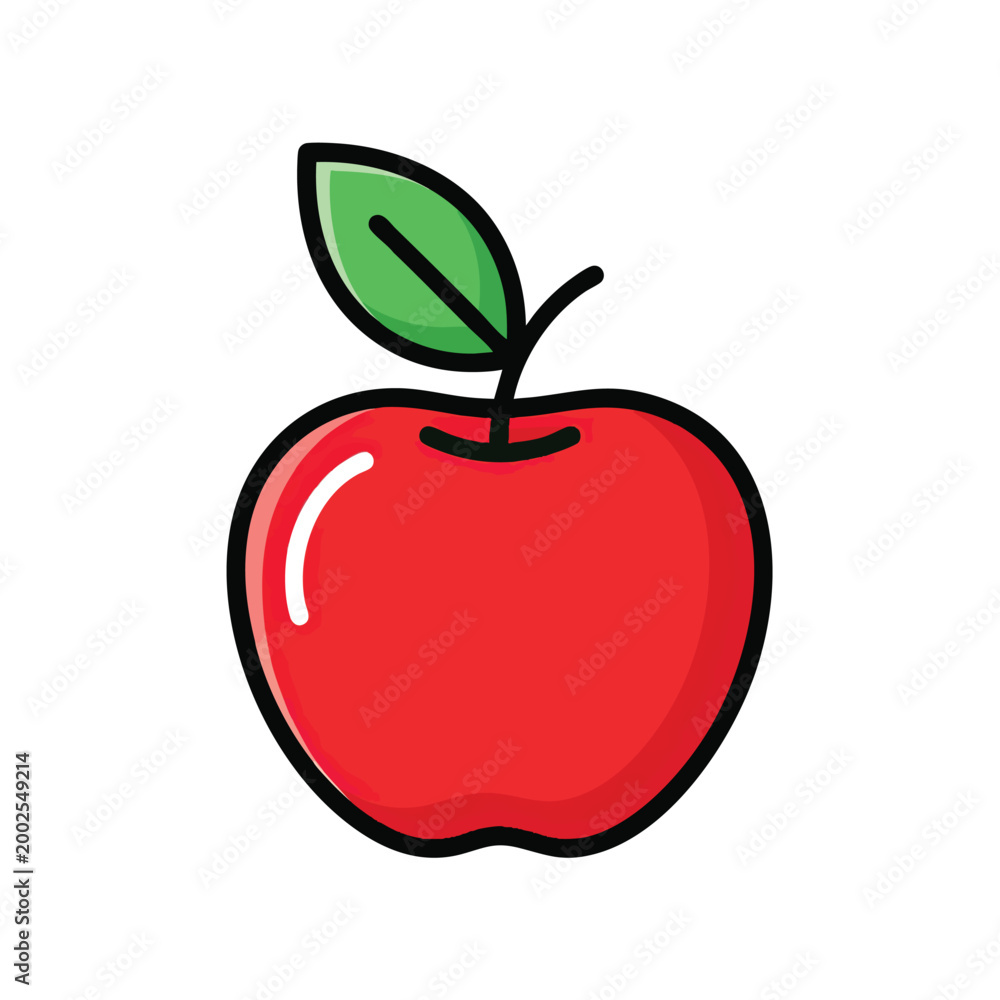 Fototapeta premium A stylized red apple with a green leaf icon illustration.