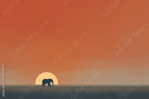 Silhouette of elephant against oversized sun warm orange sky artful landscape tranquil environment serene viewpoint