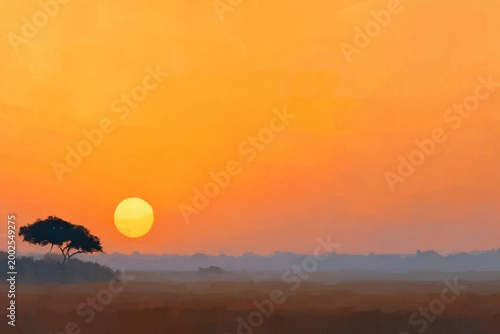 Majestic sunset over savanna field nature landscape warm orange gradient tranquil evening view