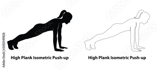Female Black Silhouette and Outline Set Performing High Plank Isometric Push-up for Core Stability and Upper Body Strength Training Illustration