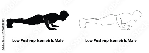 Black Silhouette and Outline Set of Man Performing Low Push-up Isometric Hold for Chest and Triceps Strength Training Illustration