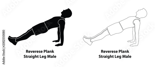 Black Silhouette and Outline Set of Man Performing Reverse Plank with Straight Legs for Core Stability and Posterior Chain Strength Training Illustration