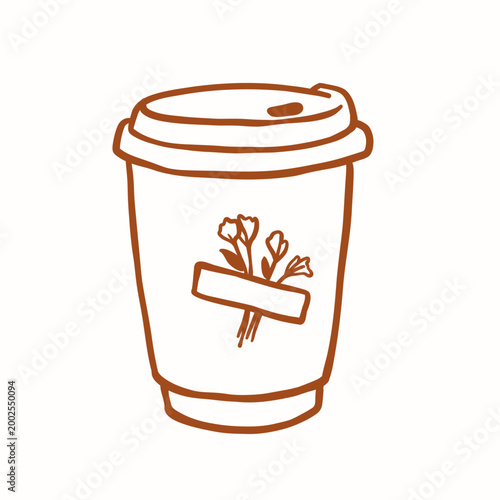 Takeaway coffee cup with flowers line art