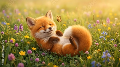 Adorable Fox Cub Napping in Spring Meadow with Butterflies