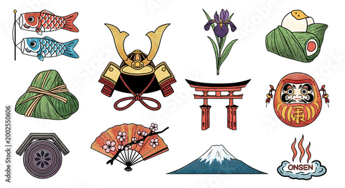 adobe Collection of traditional japanese cultural symbols and icons featuring carp streamers samurai helmet torii gate daruma doll mount fuji and iris flower flash