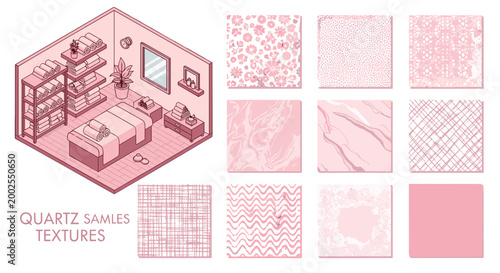 adobe Pink quartz samples textures and isometric interior design elements in various patterns flash