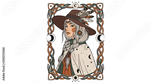 Bohemian witch portrait with celestial moon phases, mystical woman in wide brim hat with feathers, occult goddess vector illustration