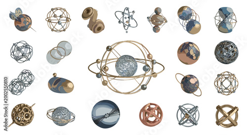 adobe Intricate collection of celestial orbs and geometric spheres with metallic and weathered textures arranged against a neutral backdrop evoking cosmic or steampunk themes flash