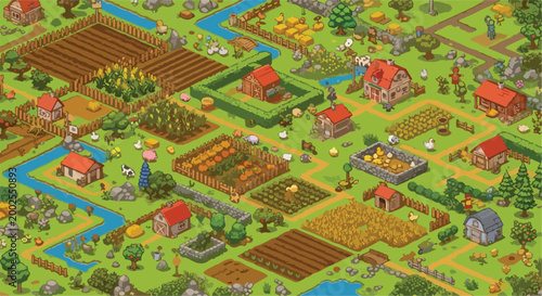 Isometric farm landscape vector, rural village with agricultural fields and barns, colorful countryside map for game design and simulation