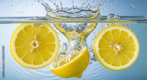 Fresh lemons, lemon slices, underwater, splash, yellow citrus fruits