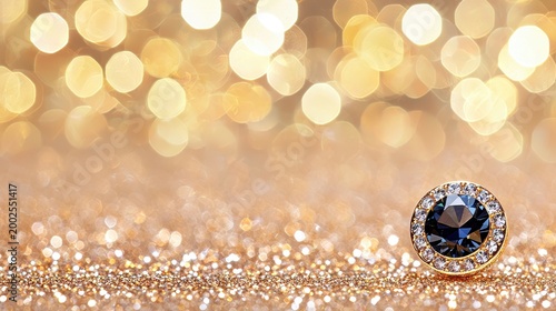 Elegant Blue Gemstone with Gold Setting on Sparkling Gold Glitter Background with Bokeh Lights