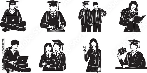 Diverse vector graphic illustrations of students and graduates