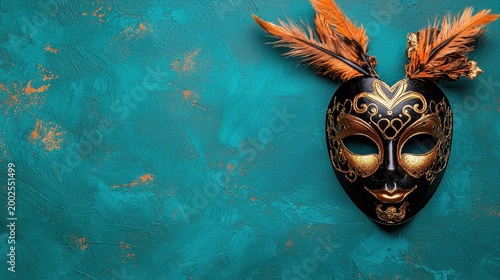 Elegant Black and Gold Venetian Mask with Orange Feathers on Teal Background